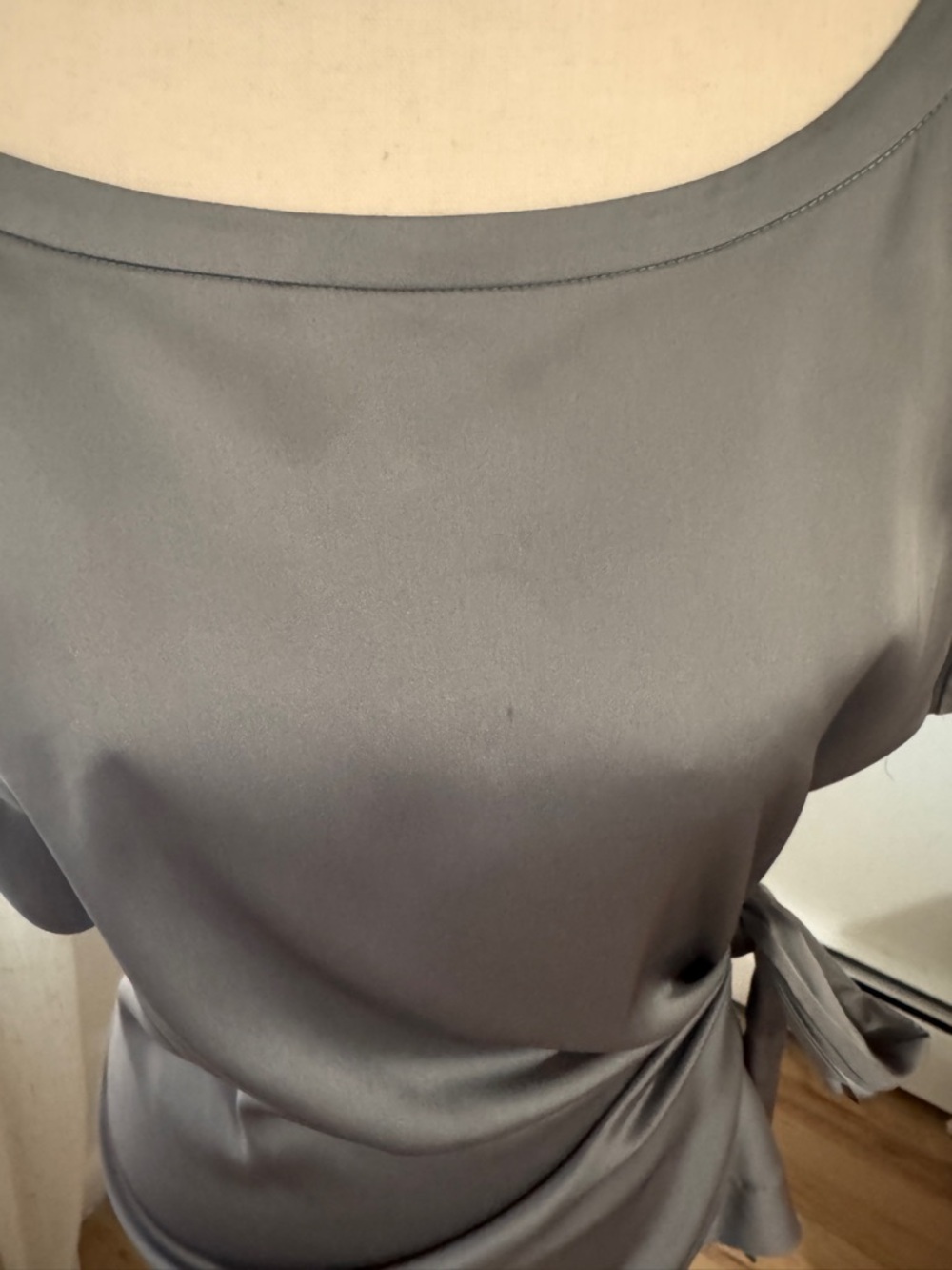 New York & Company Satin Taupe Side-Tie Blouse - Picture 4 of 7